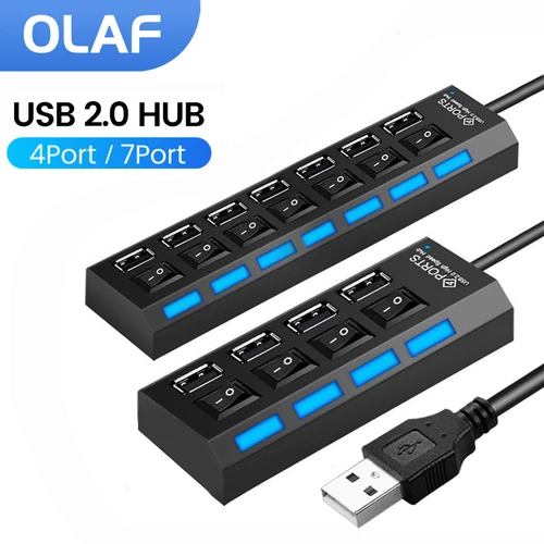 Olaf 4/7 포트 USB 허브 2.0 어댑터, PC 컴퓨터용 스위치 포함, 고속 멀티 USB 분배기, 다중 USB 확장기 전원 어댑터 