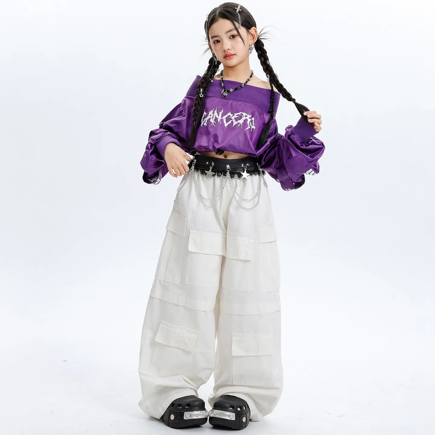 Kids K-pop Purple Off Shoulder Crop Top Cargo Pants Girls Hip Hop Street Dance Clothes Sets Child Girl Group Streetwear Costumes