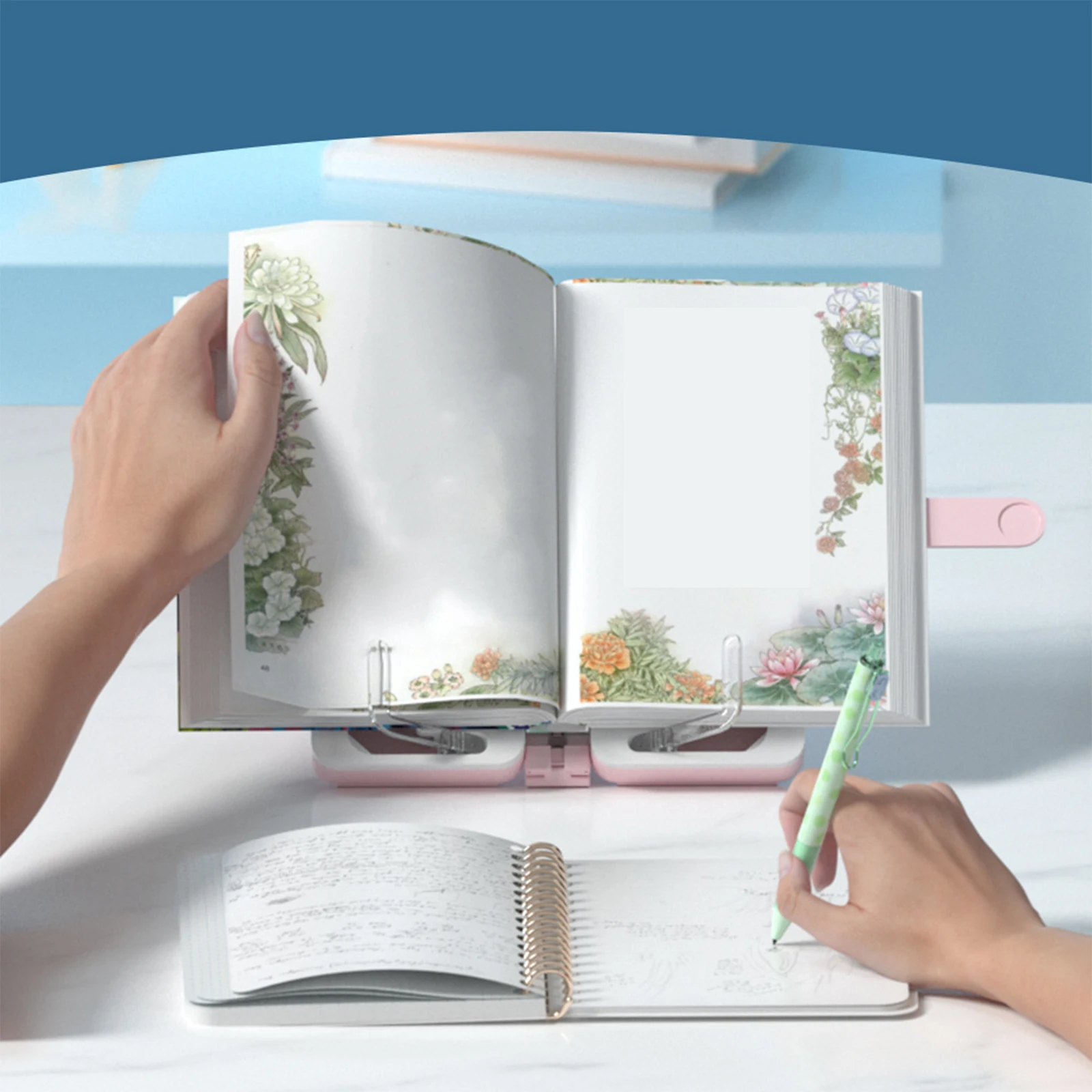 2 in 1 Book Stand Pencil Case Countertop with Page Paper Clip Foldable Recipe Lightweight Rack Book Holder Tray Table Study Home