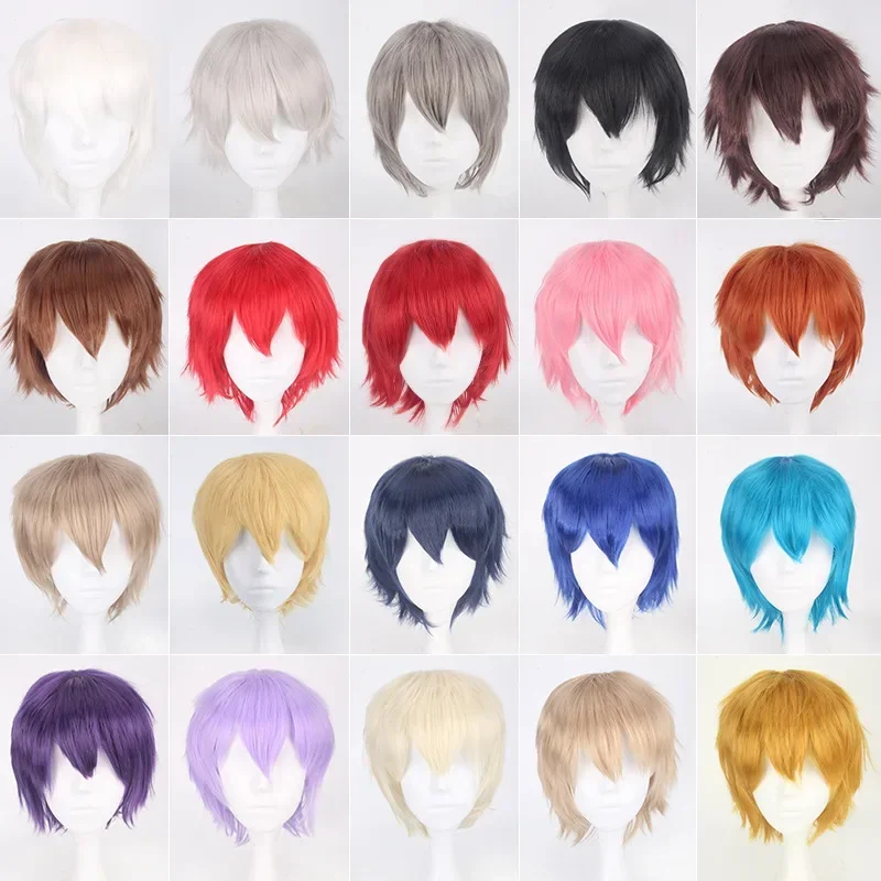 Men Women Synthetic Anime Cosplay Wigs Short Straight Hair Heat Resistance Multicolour Red White Pink Gray Brown