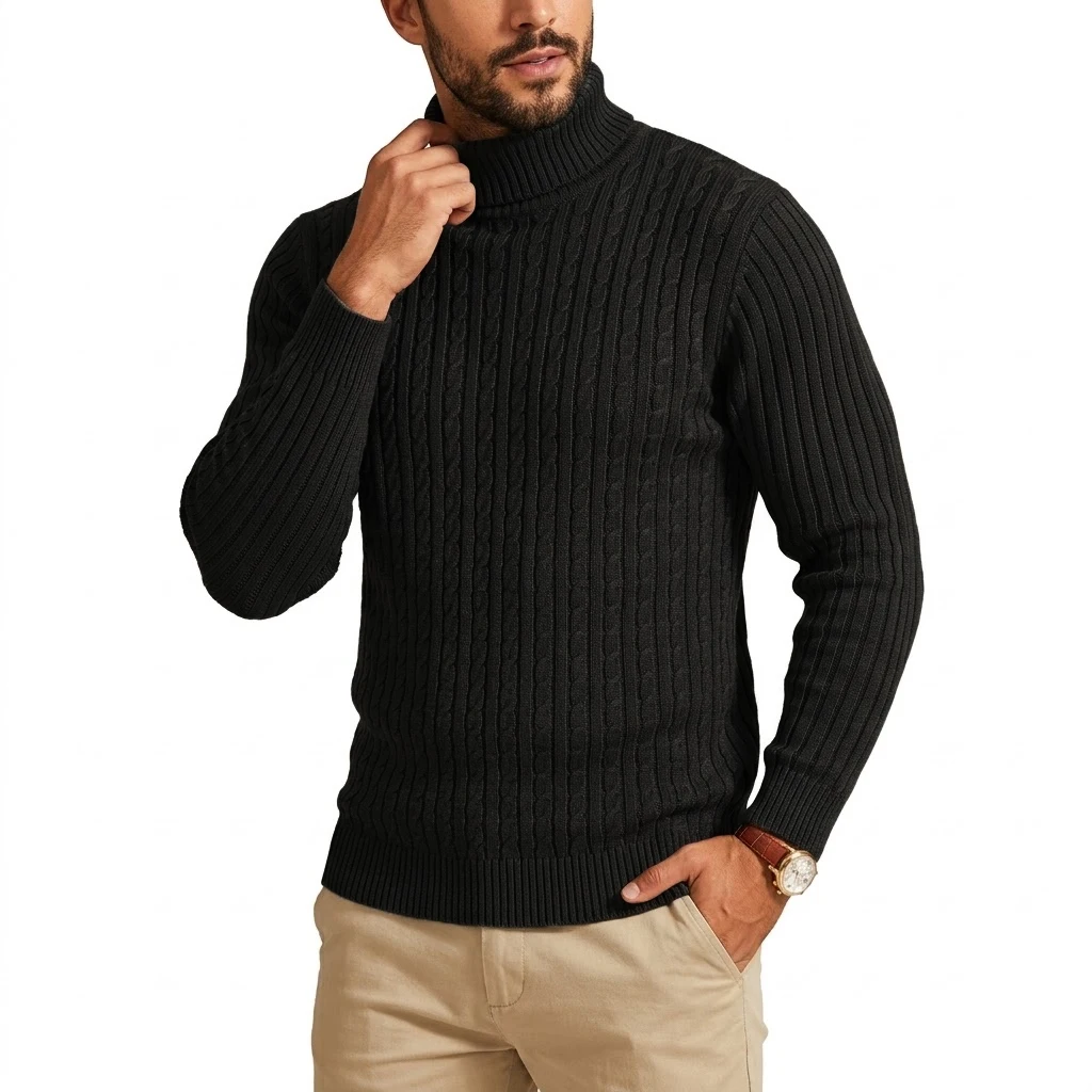 Herren Zopfmuster Rollkragenpullover Warmer Weicher Thermo-Pullover Winter Passform Langarm-Pullover für Kaltes Wetter Strickwaren – Detail 4