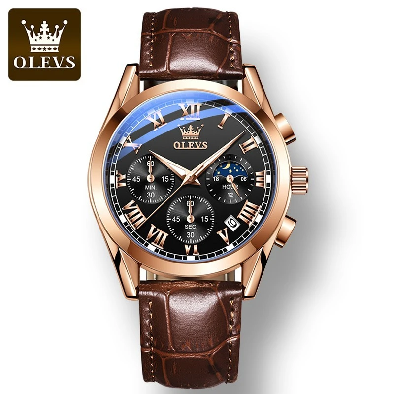 OLEVS 2871 Quartz Sport Watch Gift Genuine Leather Watchband Round-dial Wristwatch Moon Phase Chronograph Luminous