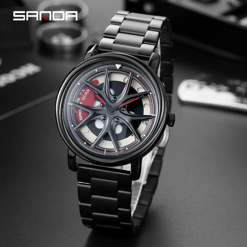 SANDA P1025 Rotation Rim Hub Sports Car Watch Men\'s Waterproof Stainless Steel Wheel Quartz Wristwatch Men with Luminous Hands