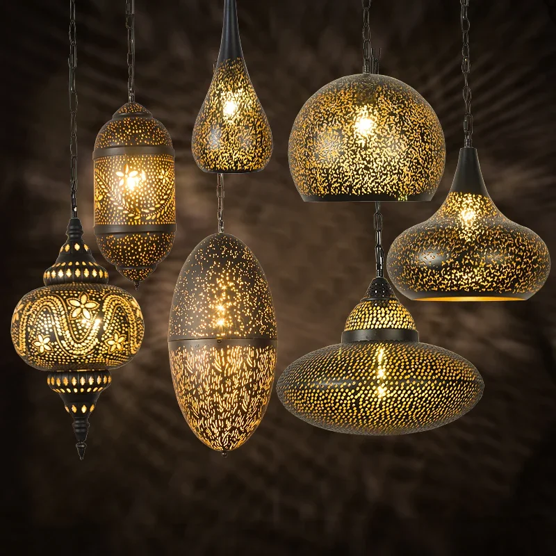 Retro restaurant light coffee shop industrial style creative personality Thai hollow single head combination designer chandelier