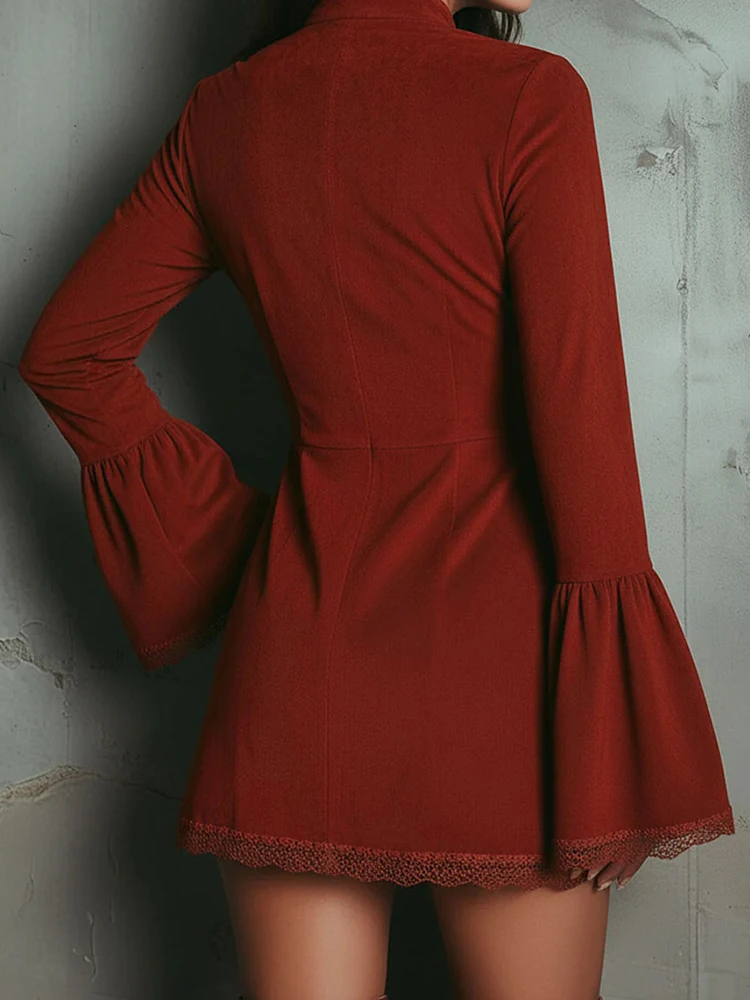 Minivestido de manga larga acampanada para otoño e invierno, vestido de fiesta elegante de retazos para vacaciones para mujer, vestido de mujer con cremallera y cuello levantado 2025