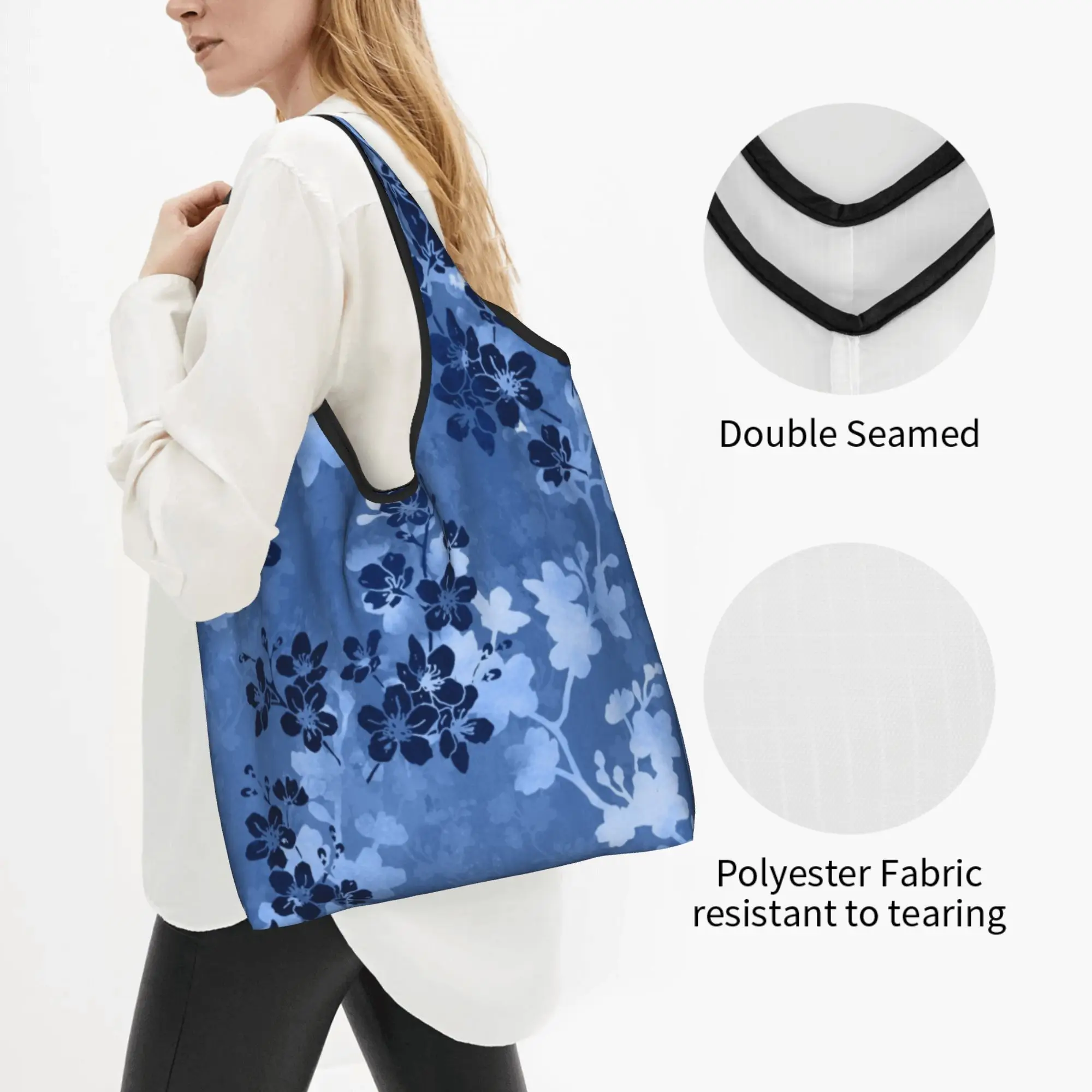 Cute Sakura Cherry Blossom in Blue Shopping Tote Bags Portable Japanese Flowers Floral Pattern Grocery Shoulder Shopper Bag