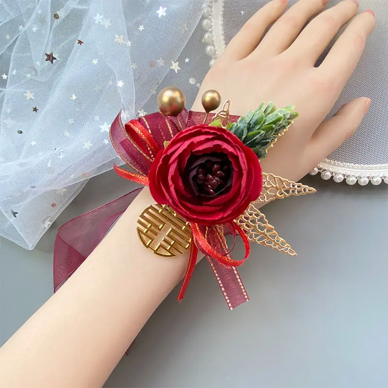 Ivory Wrist  Bridesmaid Sisters Handmade Flower Artificial Silk Rose Bracelet Flowers for Wedding Dancing Party Decor Wedding