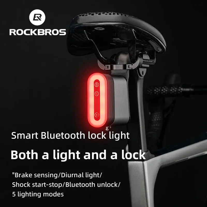 ROCKBROS Bicycle Tail Light With Lock Smart Brake Sensing Safety Warning IPX6 Waterproof Type-C Charging Cycling Rear Light MTB