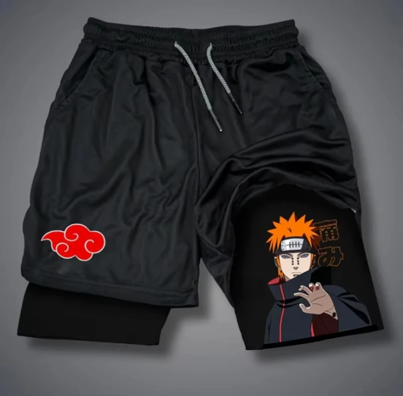 

2025 New Hot Black Anime Shorts Men's Summer 2025 Street Wear Loose Drawstring Waist Breathable Moire Naruto Style