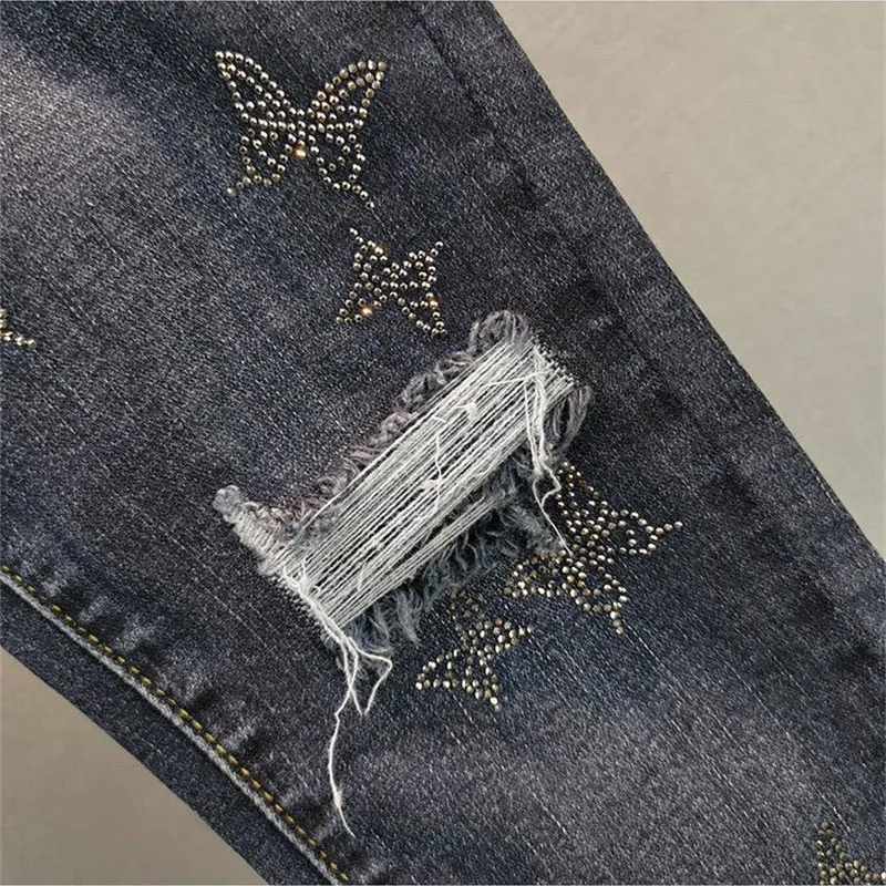 Spring Summer 2024 New Fashion Harem Denim Pants Female Korean Version Elastic Rhinestones High Waist Jeans Pencil Pants