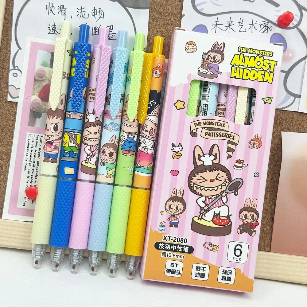 6pcs/set Cute Labubu Retractable Pen Originality Cartoon Quick-dry St Head The 0.5mm Black Gel Pen Pupil Do Homework Signing Pen