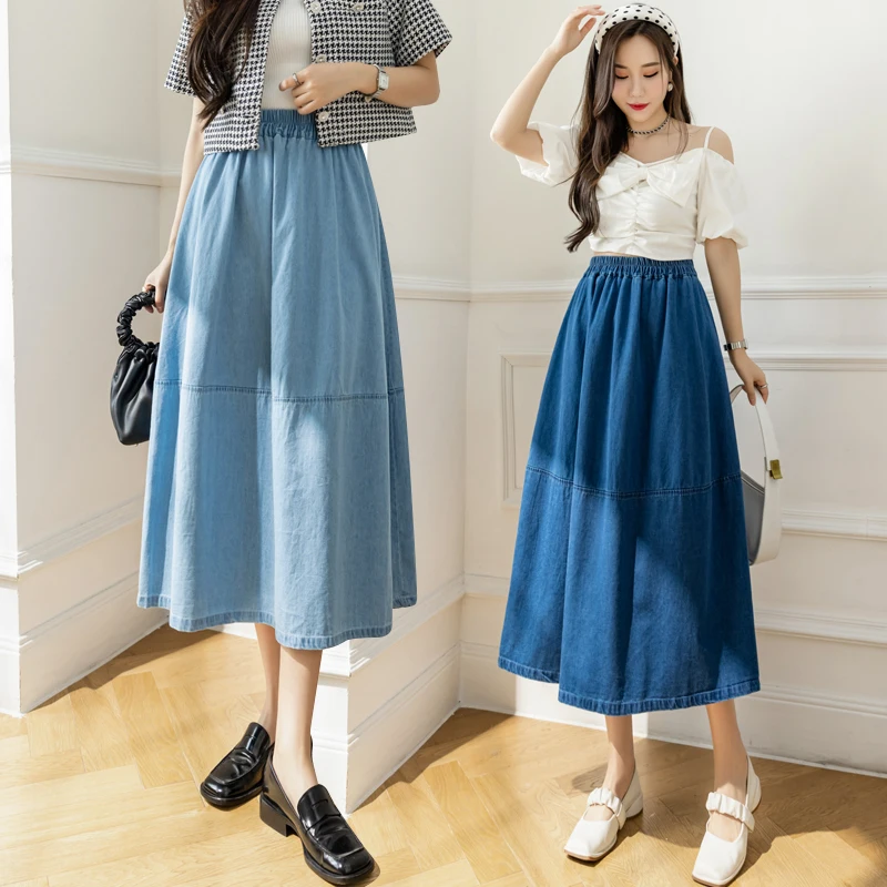 Korean Style Kawaii Loose Midi Denim Skirts for Women Spring Summer Autumn Hot Sale Ladies Cute Long Jean Skirt Cheap Wholesale