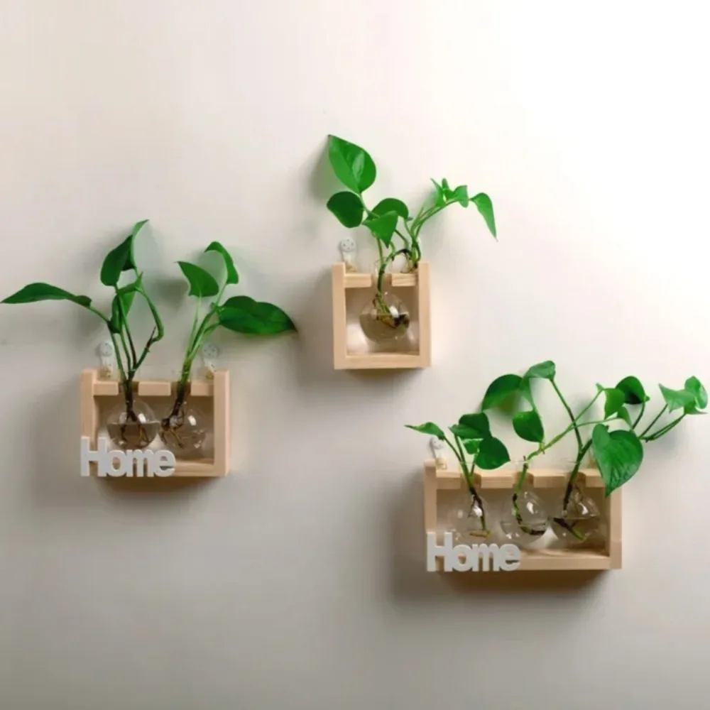 Kreative Holzrahmen Hydrokultur Blume Kleine Vase Pflanze Glasflaschenbehälter für Home Office Dekor mit Holzständer