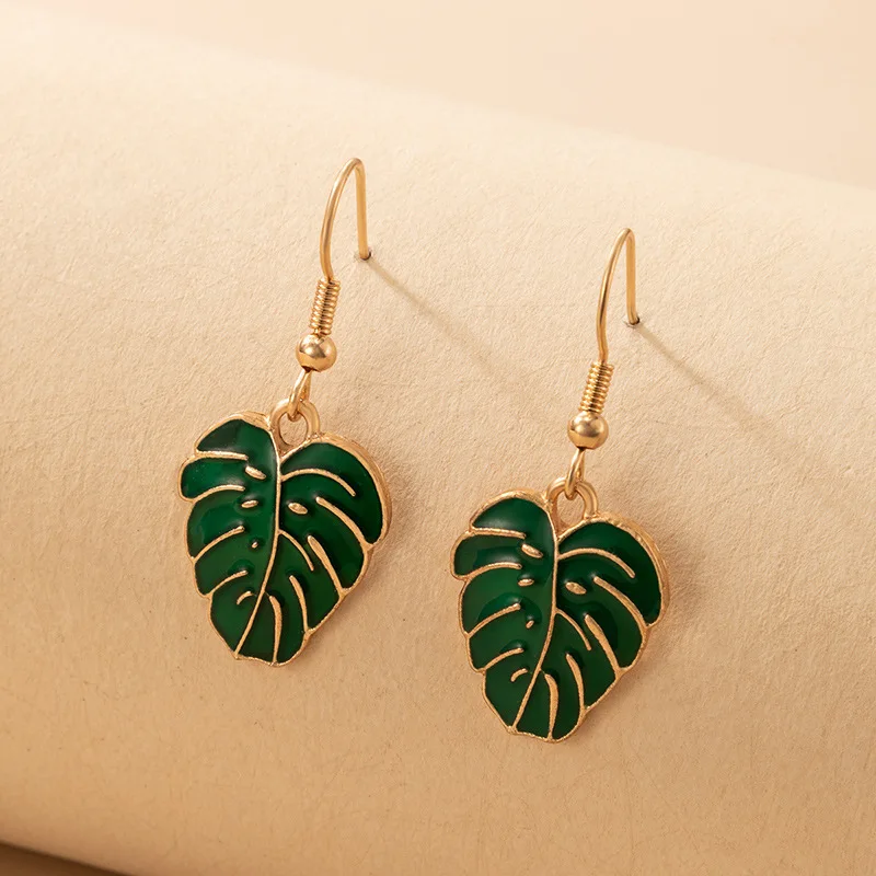 Boho Green Palm Leaf Dangle Earrings For Women Bohemia Gold Plated Fresh Monstera Leaves Statement Earring Western Jewelry Gifts