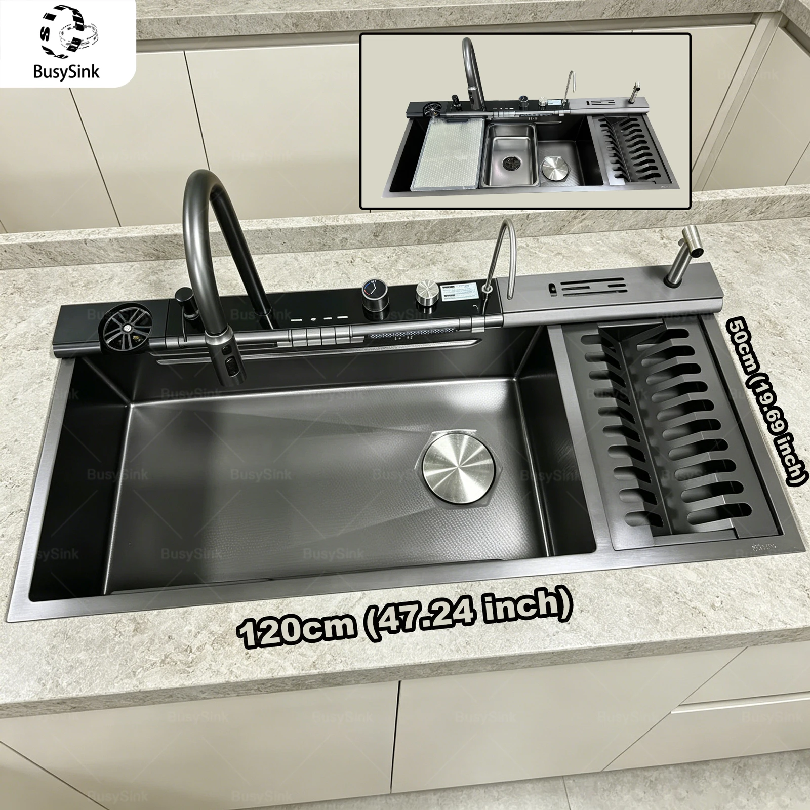 

Stainless Steel Waterfall Kitchen Sink Scratch Durable Resistant Large Single Slot Includes 120×50 cm Multifunctional Sinks
