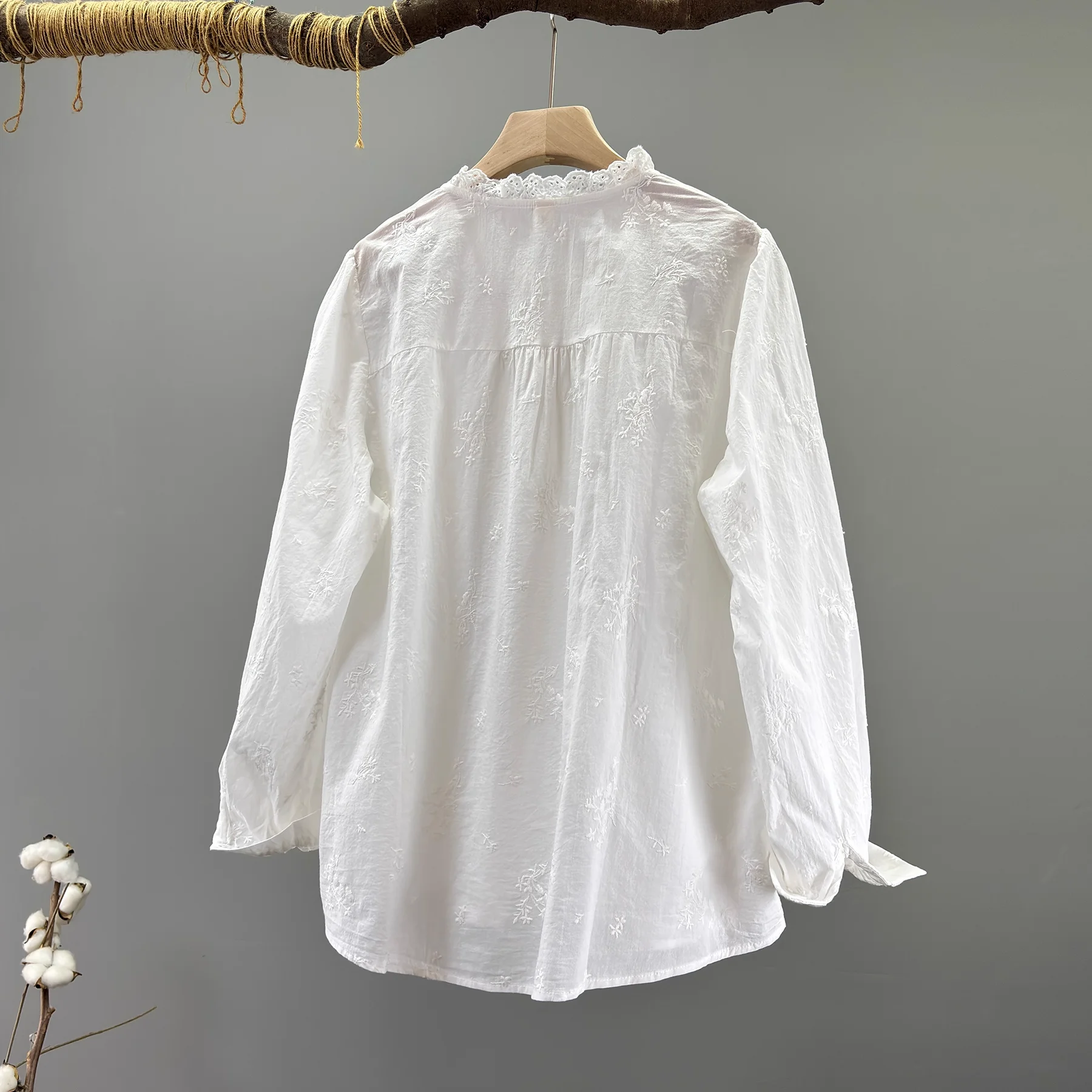 Enianechu 100% cotone Lady Top e camicette Colletto alla coreana Camicie a pieghe con volant Camicette a maniche lunghe per donna Abbigliamento Boho