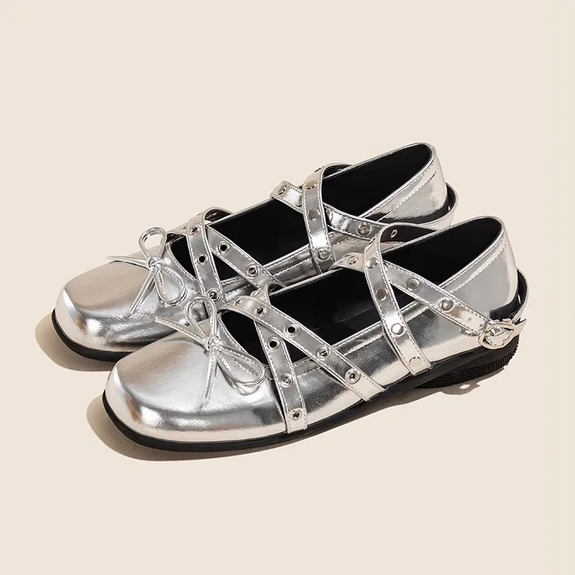 

Women's spring and summer new heightening real soft leather light mouth square head ballet shoes Silver bow small single shoes