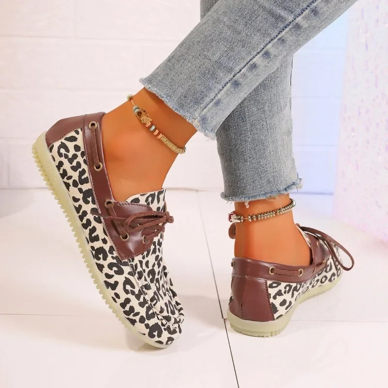 2024 hohe Qualität Damen Schuhe Lace-up frauen Wohnungen Mode Leopard Print Casual Wohnungen Frauen Heißer Verkauf Plus größe Flache Niedrigen Absätzen