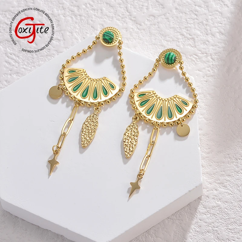 Goxijite Fashion Gold Stud Earrings For Women Stainless Steel Fan Leaf Star Tassel Earrings Exquisite Jewelry Accessories Gift