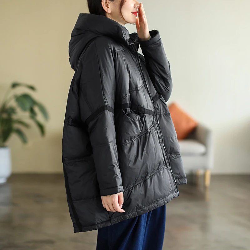 Schinteon Women White Duck Down Loose Jacket with Hood Autumn Winter Outwear Casual Over Size Patchwork Coat Korean Style