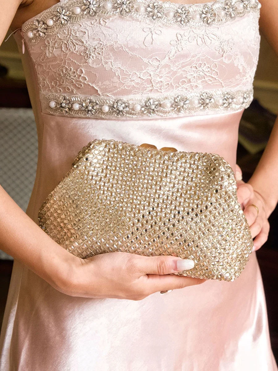 UGALS Retro Rhinestone Folded Dumpling Cloud High-End Shiny Fashion Evening Handbag Women's Crossbody Bag Casual Simple Style