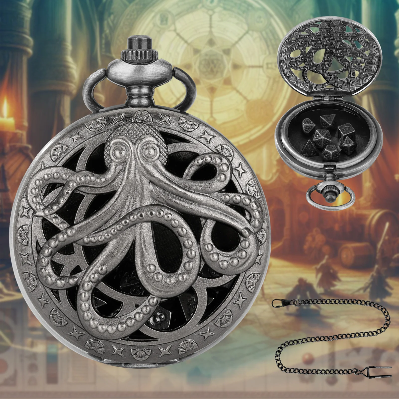 1 Set Mini DND Dice Set Polyhedral Metal Dice With Chain Steampunk Gear Octopus Pocket Watch Dice Set For Role Playing Games