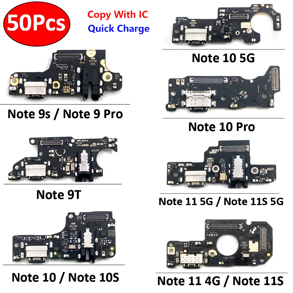 50Pcs，For Xiaomi Redmi Note 11E 11 10S 10 9S 9 Pro 5G 4G USB Charger Dock Connector Charging Port Microphone Flex Cable Replace