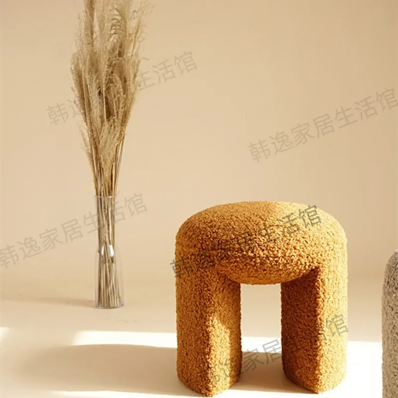 

Lamb Fleece Round Stool Cream Style Vanity Seat Living Room Sofa Ottoman Stable Shoe Bench Nordic Minimalist Makeup Stool