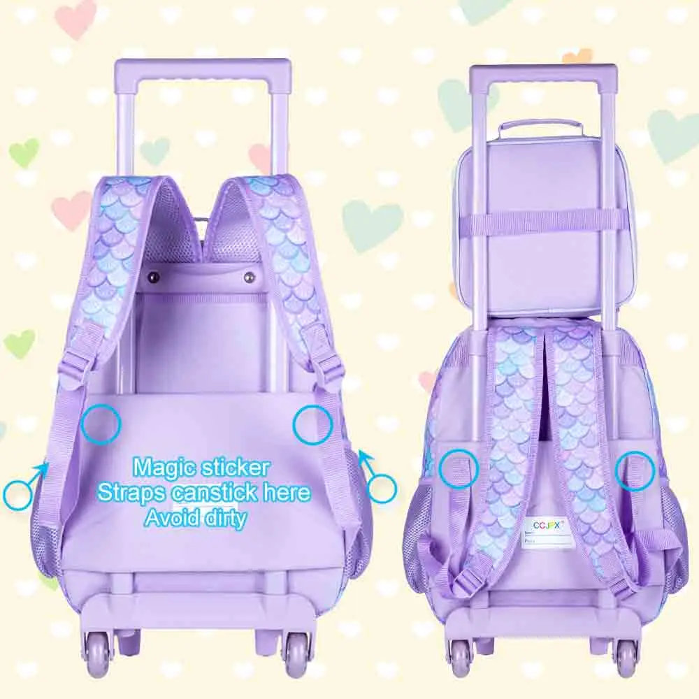 3PCS Rolling Backpack for Boys, Kids Roller Wheels Bookbag, Wheeled School Bag with Lunch Bag - Mermaid Purple