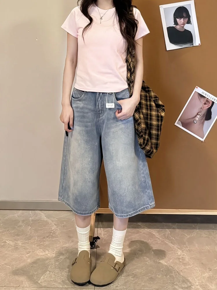 

Light Blue High Waist Wide Leg Denim Shorts Women's Summer New Style Loose Slimming Seven-Foot Straight Cut Cotton Jeans
