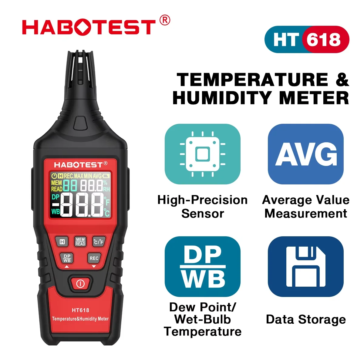 HABOTEST HT618 Digital Psychrometer Thermometer Hygrometer with Backlight Temperature and Humidity Meter with Dew Point