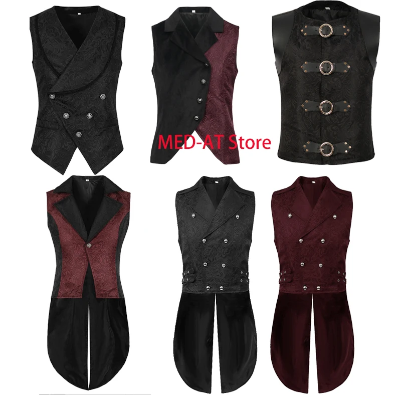 

New Steampunk Renaissance Jacquard Medieval Waistoat Cosplay Gothic Swallowtail Jacket Vest Victorian Tailcoat Party Costume