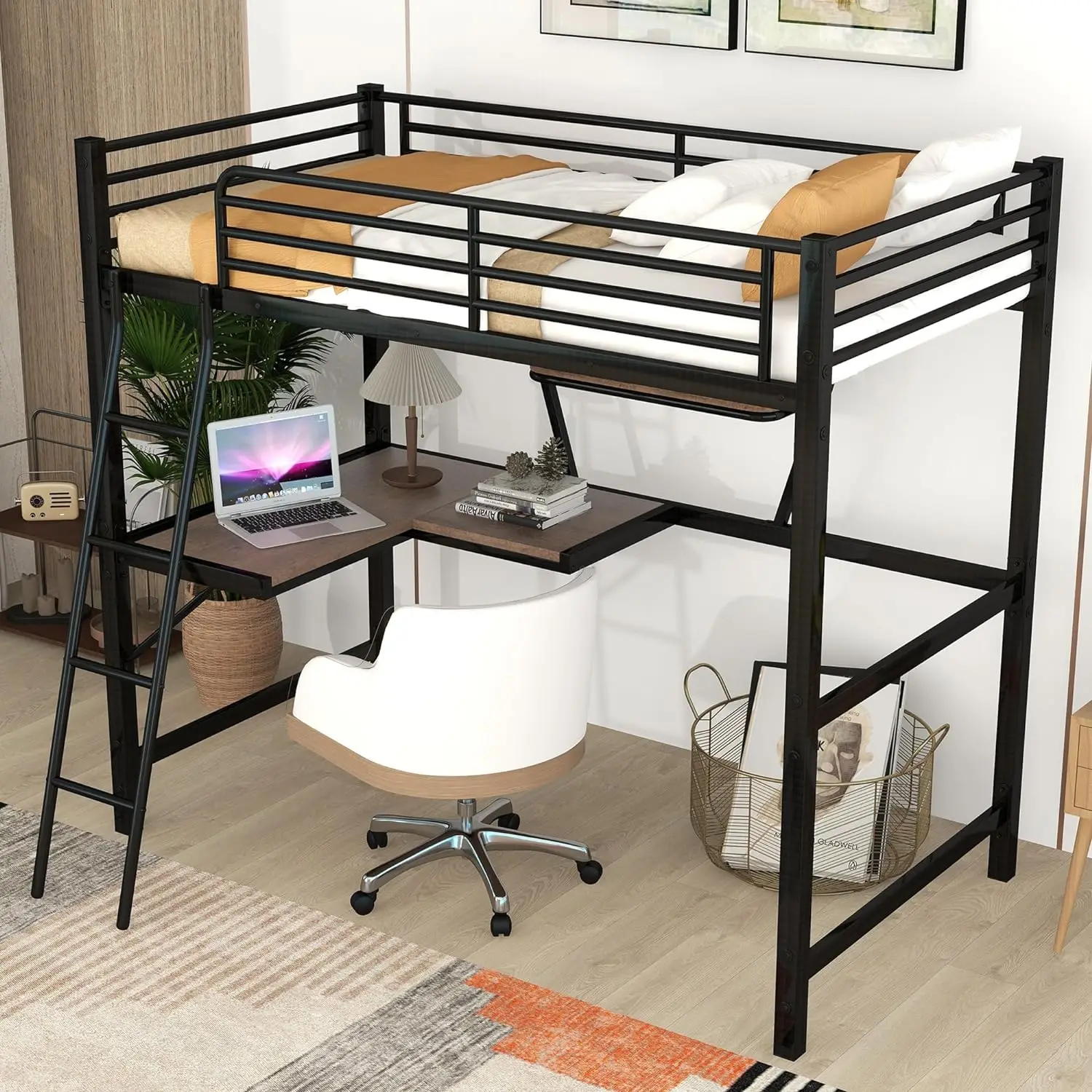 Twin/Full Loft Bed with Desk and a Storage Shelf, Heavy Duty Metal Loft Bed Twin Size with Ladder and Guardrail, Teens, Adults