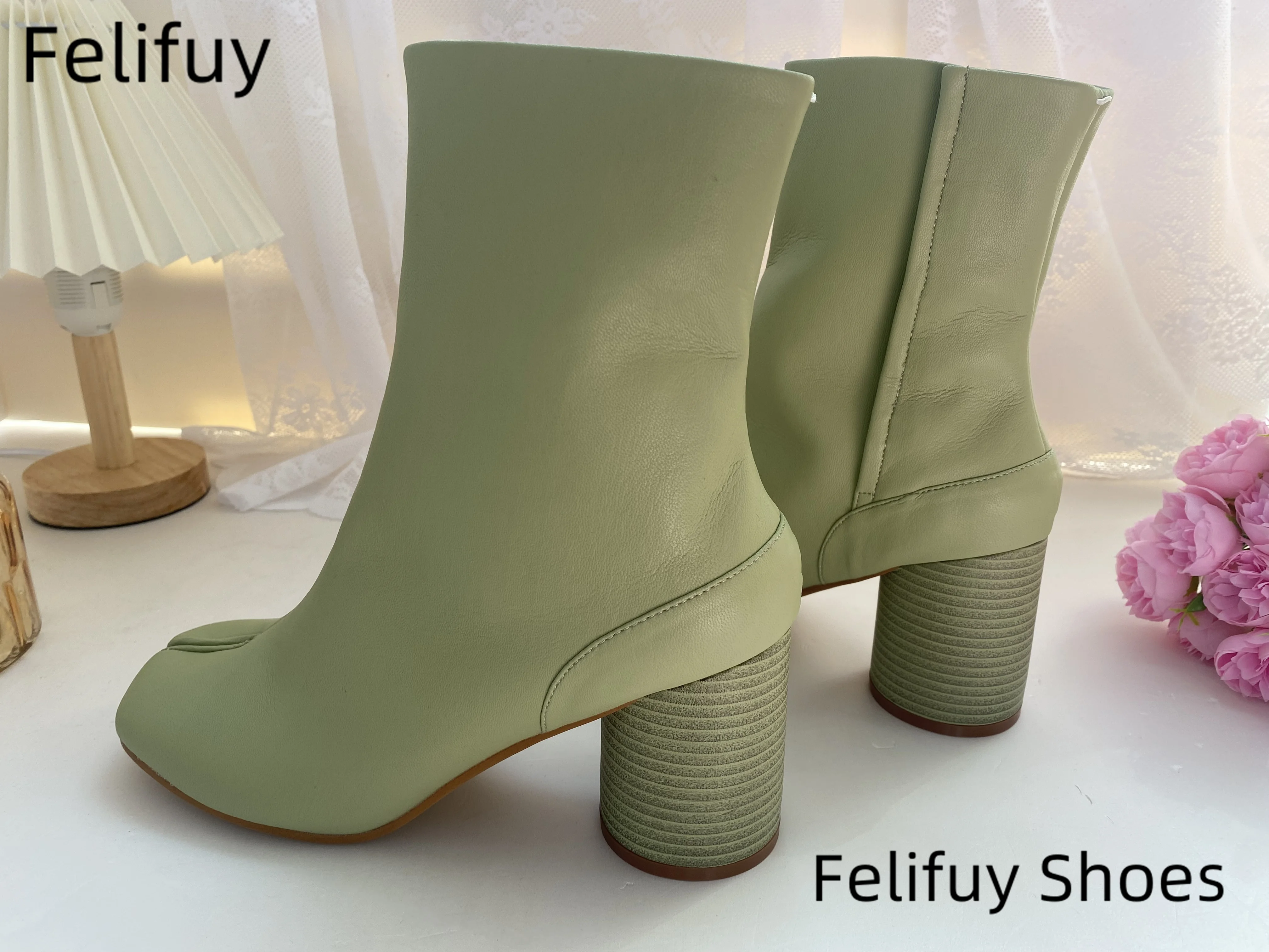 New Split Toe Women ankle boots high quality real leather green botas mujer button winter booties female tabi ninja botines 2025