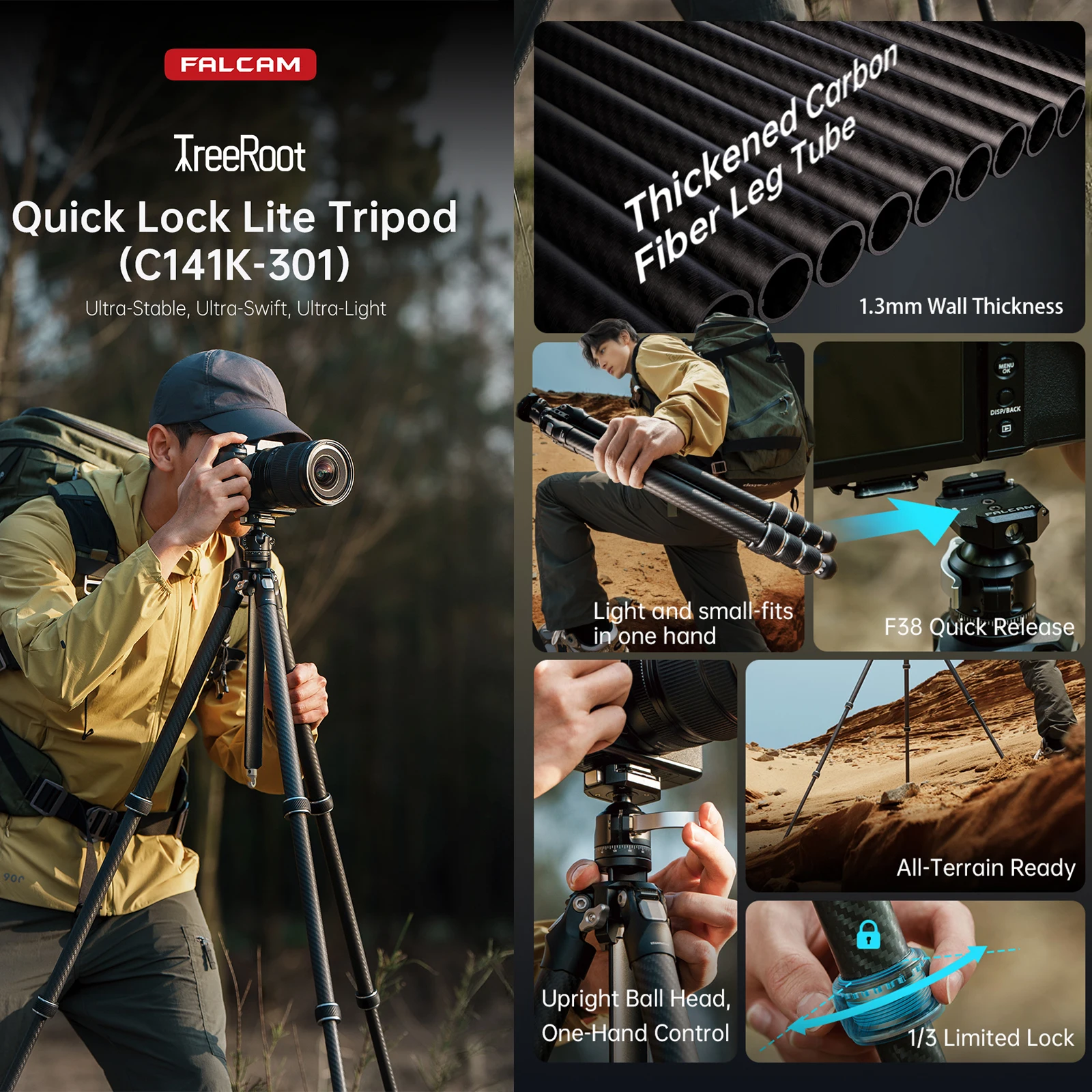 FALCAM TreeRoot F38 حامل ثلاثي القوائم للسفر من ألياف الكربون بقفل سريع مع سعة تحميل رأس كروي 3 كجم/6.6 رطل