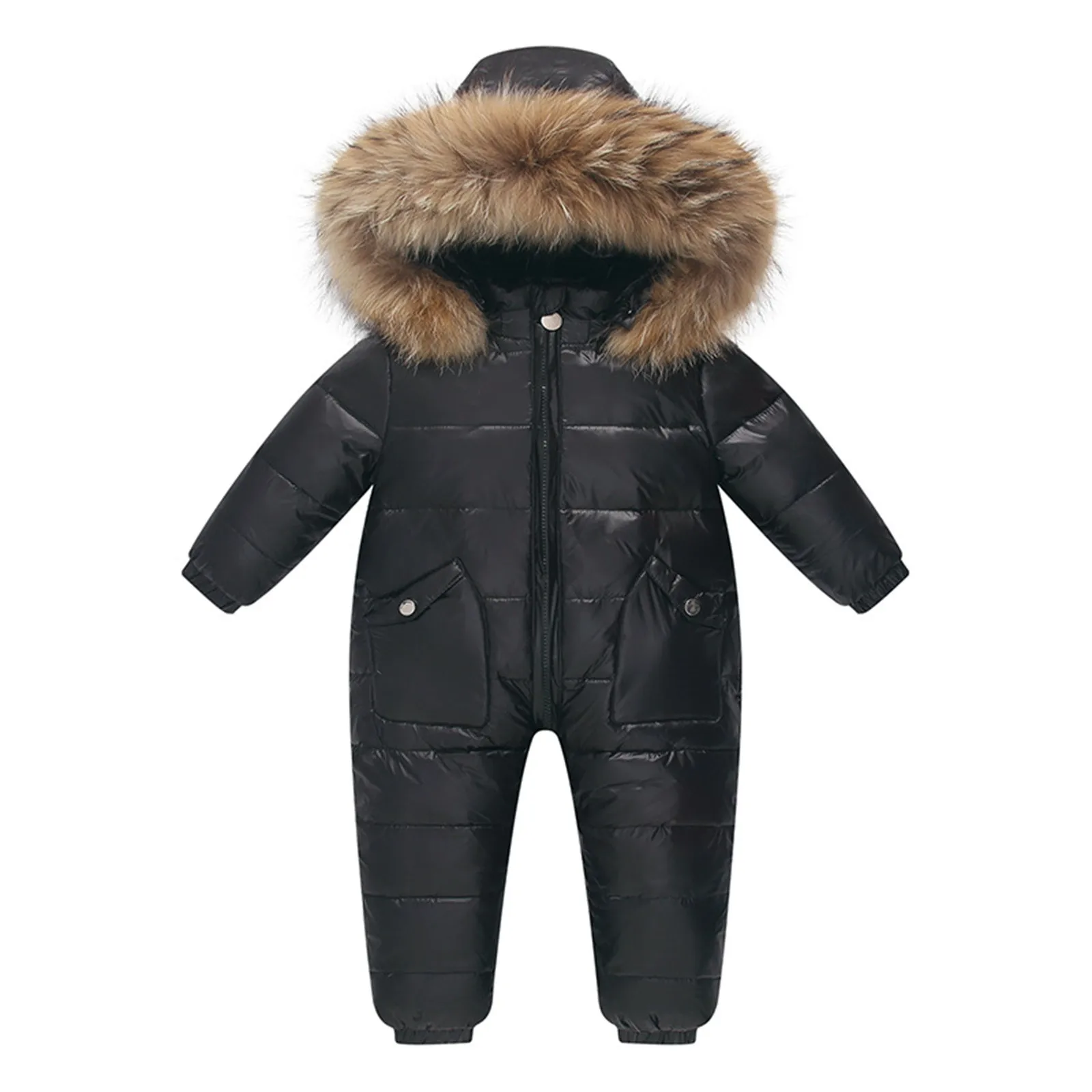 

2024 Winter New Baby Boys Girls Duck Down Jumpsuit Overalls Children Fur Collar Hooded Warm Thicken Ski Suit Snowsuit Coat