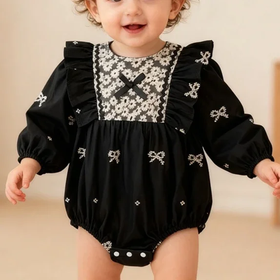 

Girls Onesie 2025 Spring and Autumn New Childrens Clothing Girls Baby Bow-tie Embroidered Long-sleeved Onesie Casual Sweet