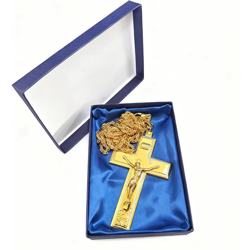 Neu2026 Ostorthodoxes Kruzifix-Anhänger mit Kette, vergoldet und versilbert, aus Legierung, christliche Halskette, religiöse Deluxe-Geschenkbox – Detail 7