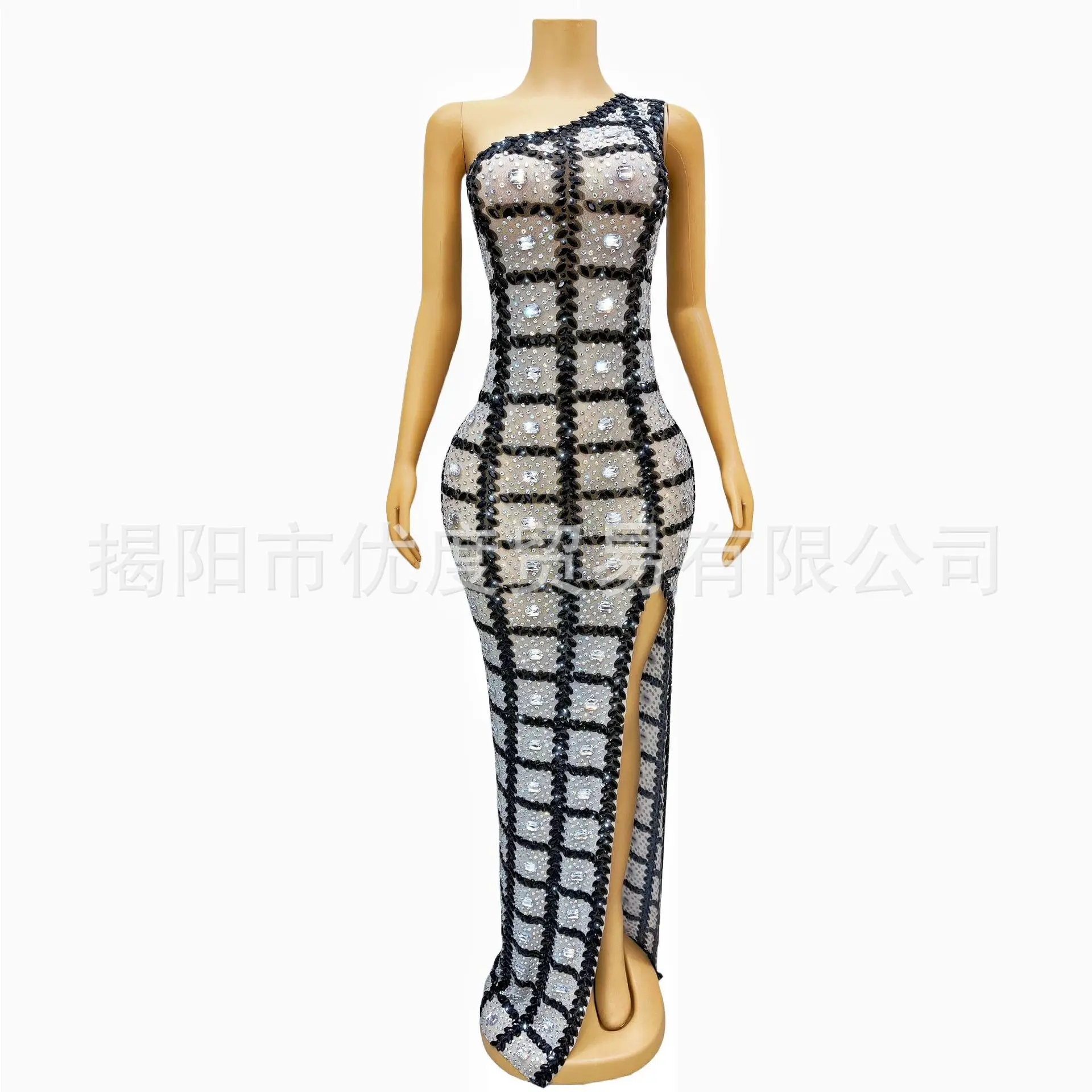 Stylish Black And White Shiny Mesh Split Slim Rhinestone Dress Birthday Party Performance Long Dress Star Grid vestidos de festa
