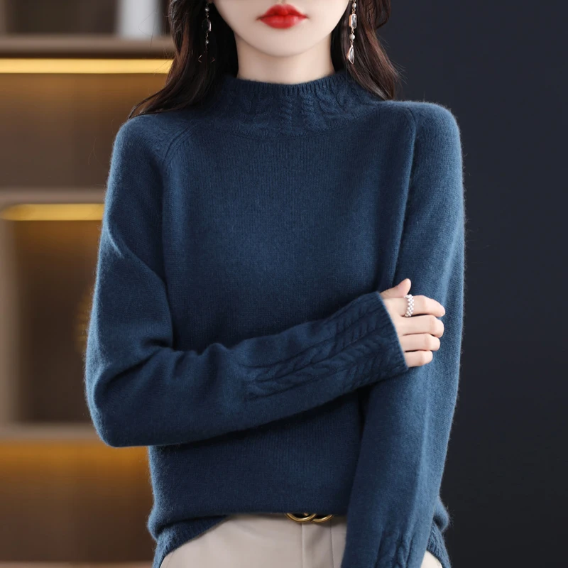 Autumn  Winter New Half High Neck Andy Cashmere Seven Needle Thick Woolen Sweater Woman\'s Long Sleeve Pullover Loose Knit Bottom