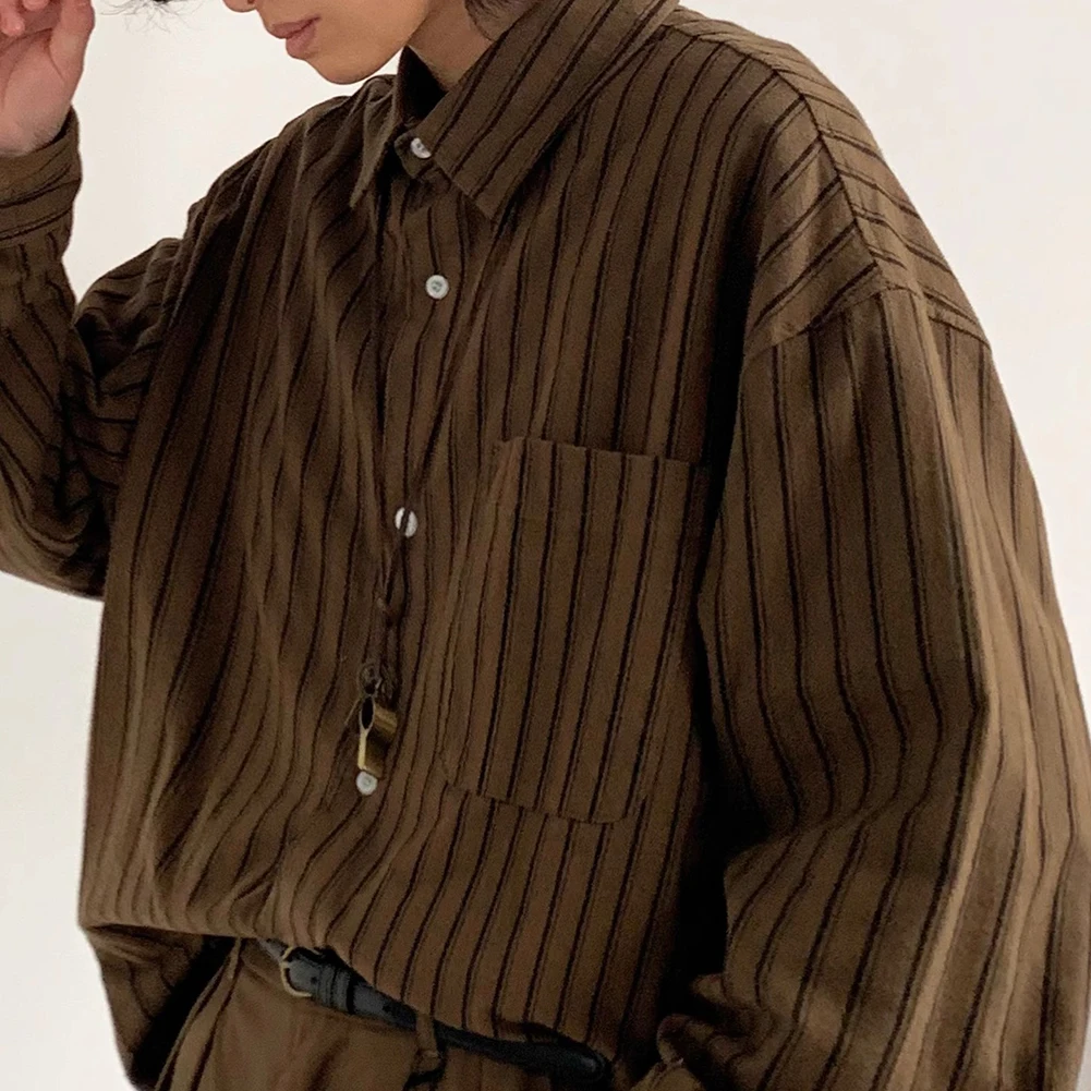 Daily Casual Wear Holiday Striped Long Sleeve Shirt Pocket Button Shirt Brown Color Casual Style Regular Length