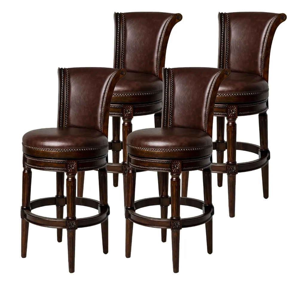 31 Inch Tall Bar Height Upholstered Barstool with Back, Finish with Vintage Vegan Leather Cushion Seat, Set of 4