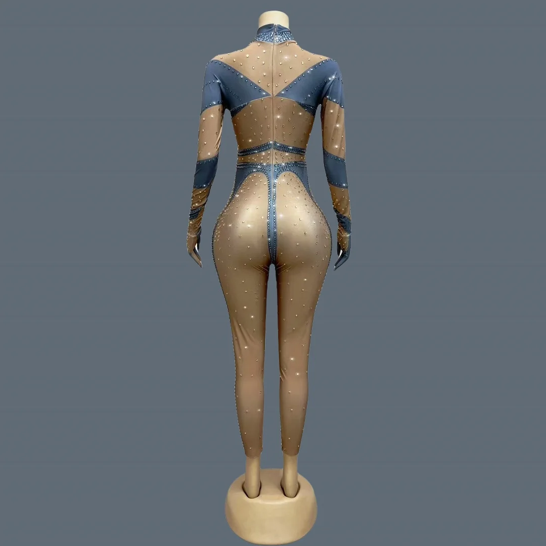 Sparkly Rhinestones Jumpsuit Gloves for Women Sexy Stretchy Performance Dance Costume Nightclub Jumpsuit Show Stage Wear Dudou