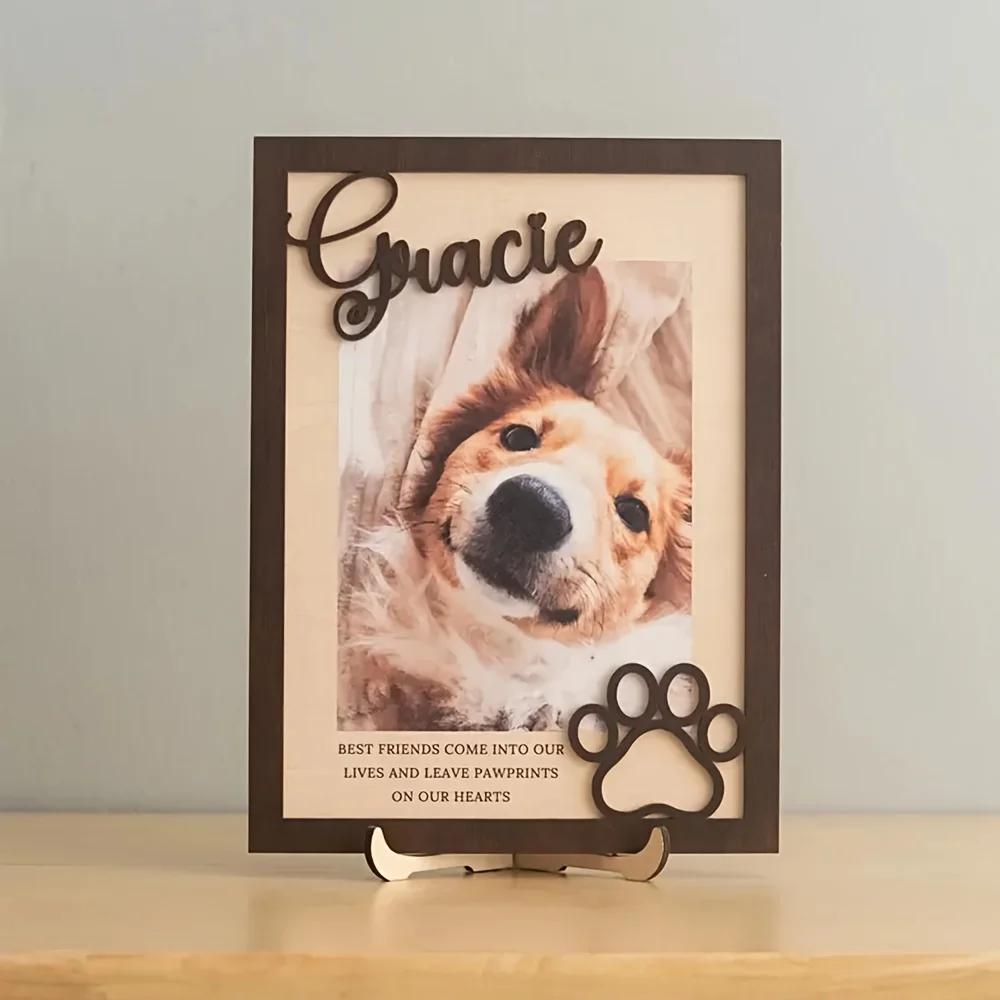 Marco de Fotos Personalizado de Madera para Mascotas con Nombre y Fecha - Exhibición Vertical de Escritorio, Regalo Conmemorativo para Perros