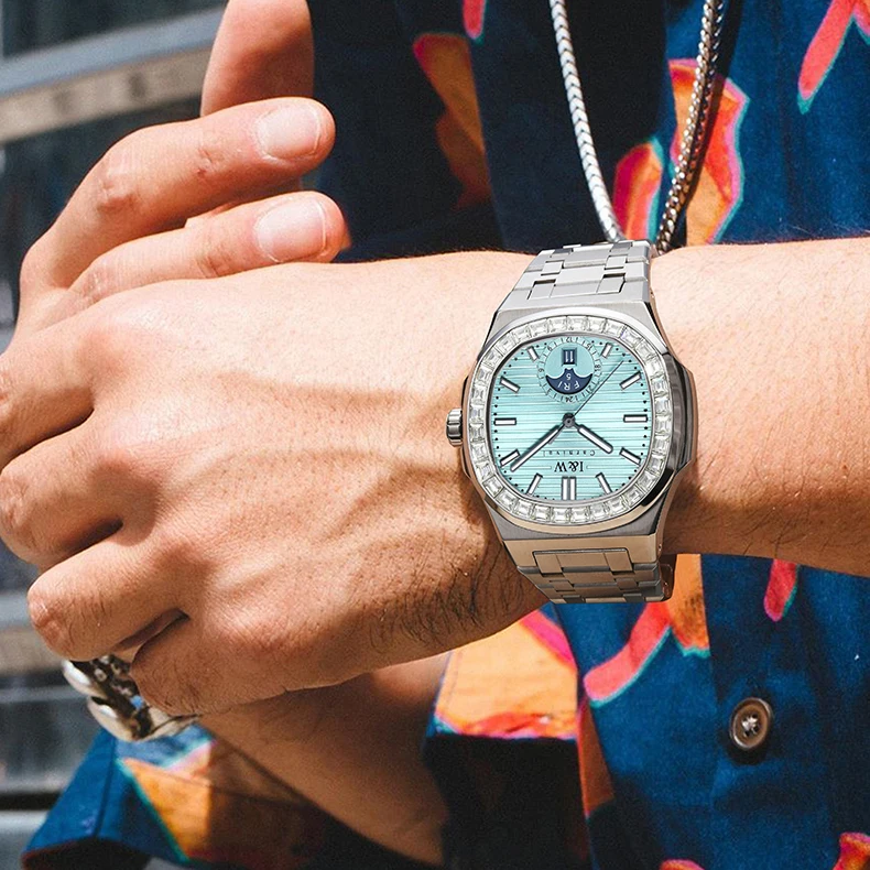 I&W Mens Luxury Watches 42mm Square Automatic Mechanical Wristwatch 50M Waterproof Luminous Steel Strap Crystal Bezel Date Week