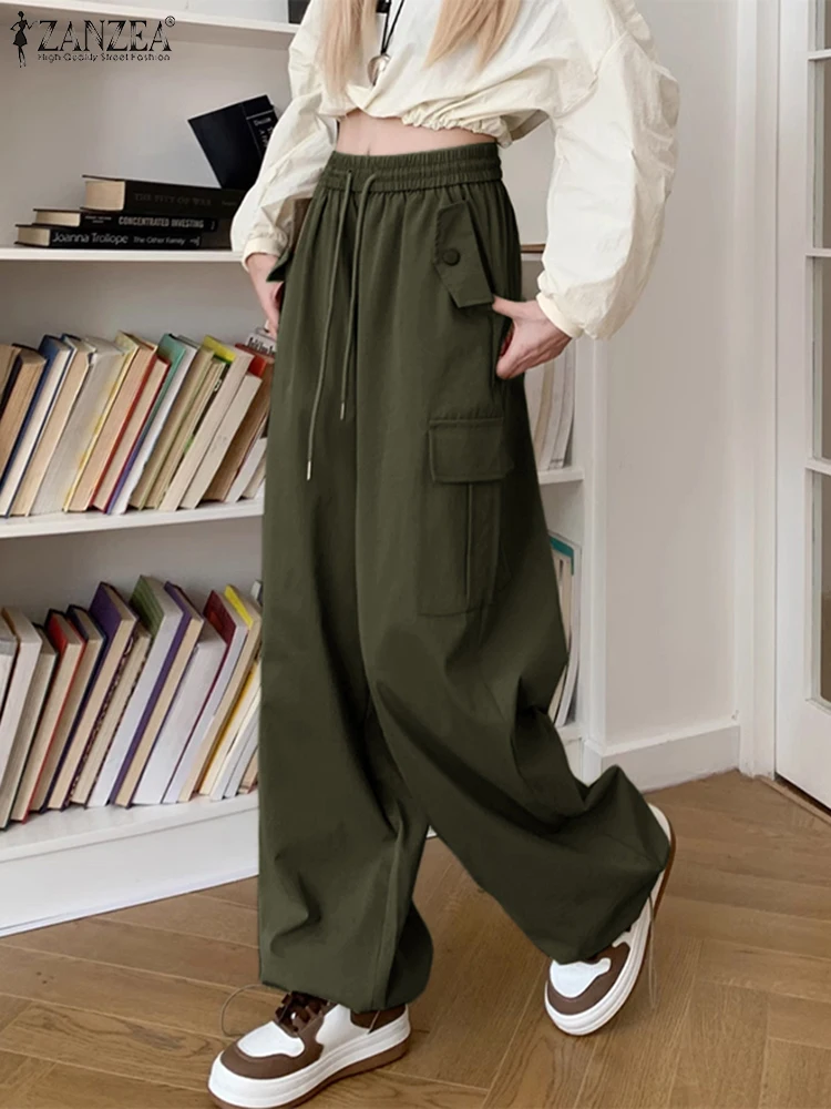 Vrouwen Cargo Broek Casual Elastisch Taille Trekkoord Lange Broek ZANZEA Streetwear Mode Effen Harajuku Y2K Wijde Pijpen Broek