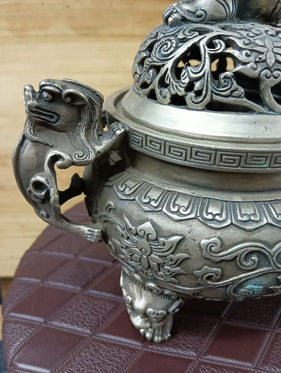 Vintage Tibetan Silver Censer Incense Burner Foo Dog Cover Lucky Beast On Both Signed Bottom