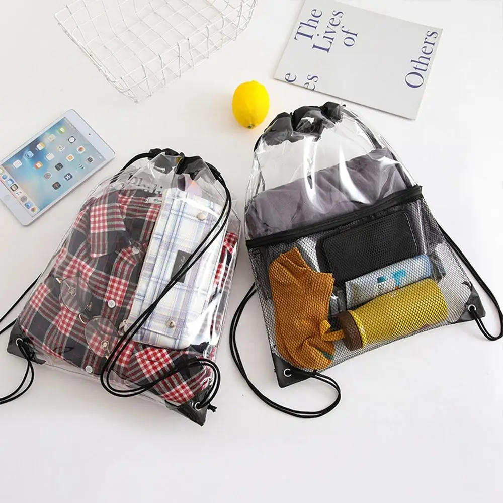 Casual Large Capacity Drawstring Backpack Beach Bag Waterproof PVC Transparent Bag Lightweight Sports Knapsack Jelly Bag Sports