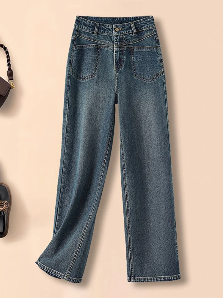 Jeans reto monocromático feminino com zíper, bolsos de botões, cintura alta solta, calça casual, roupas da moda, nova, outono, inverno, 2022