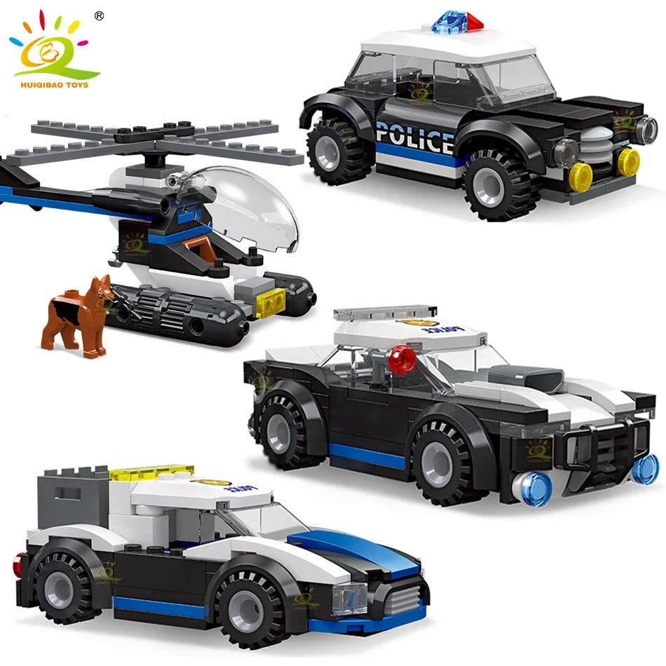 HUIQIBAO Police Vehicle Building Blocks SWAT Truck Car Helicopter Policeman Policedog Bricks City Construction Toys for Children